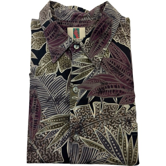 Tori Richard Cotton Lawn Button Up Shirt Leaf Print Black Maroon Green Large - Picture 1 of 6